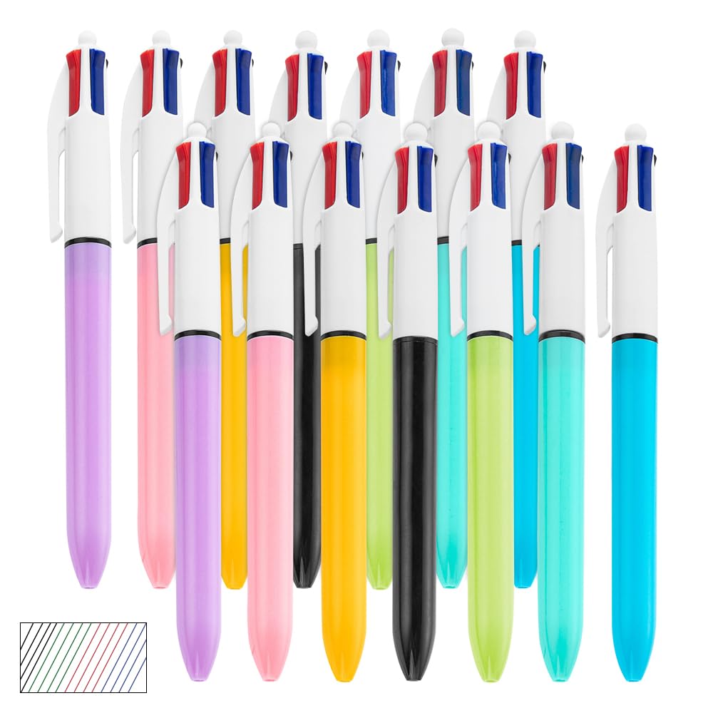 14 Pcs Bolígrafo 4 en 1 Multicolor Bolis Colores Rojo, Verde, Azul Negro, Bolis Punta Media 1mm Con Buen Trazo Detalles Cumpleaños Regalo Bonitos para Niños Alumnos y Colega -Oficina y Escuela