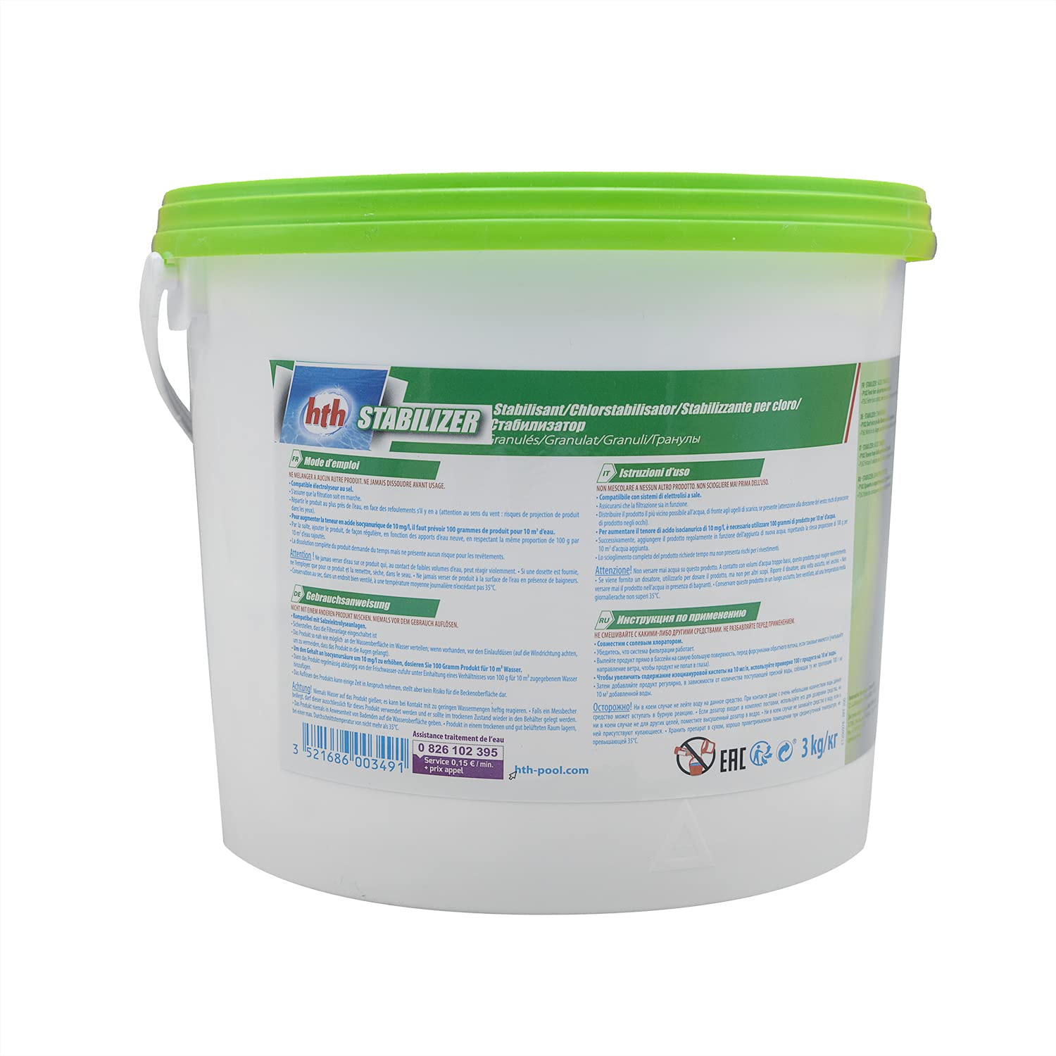 HTH STABILIZER Granulés - 3kg | Stabilisant/Stabilisateur du Chlore + 10 Tests HPS OFFERTS 6 en 1