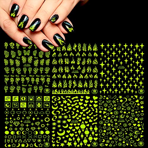 Nail Art Stickers, Daily 6 Sheets of Waterproof Self-Adhesive 3D Nail Stickers, White and Luminous Nail Decals with Flowers Flame Stars Rose Butterfly for Nail Art DIY or Nail Salon (Daily)