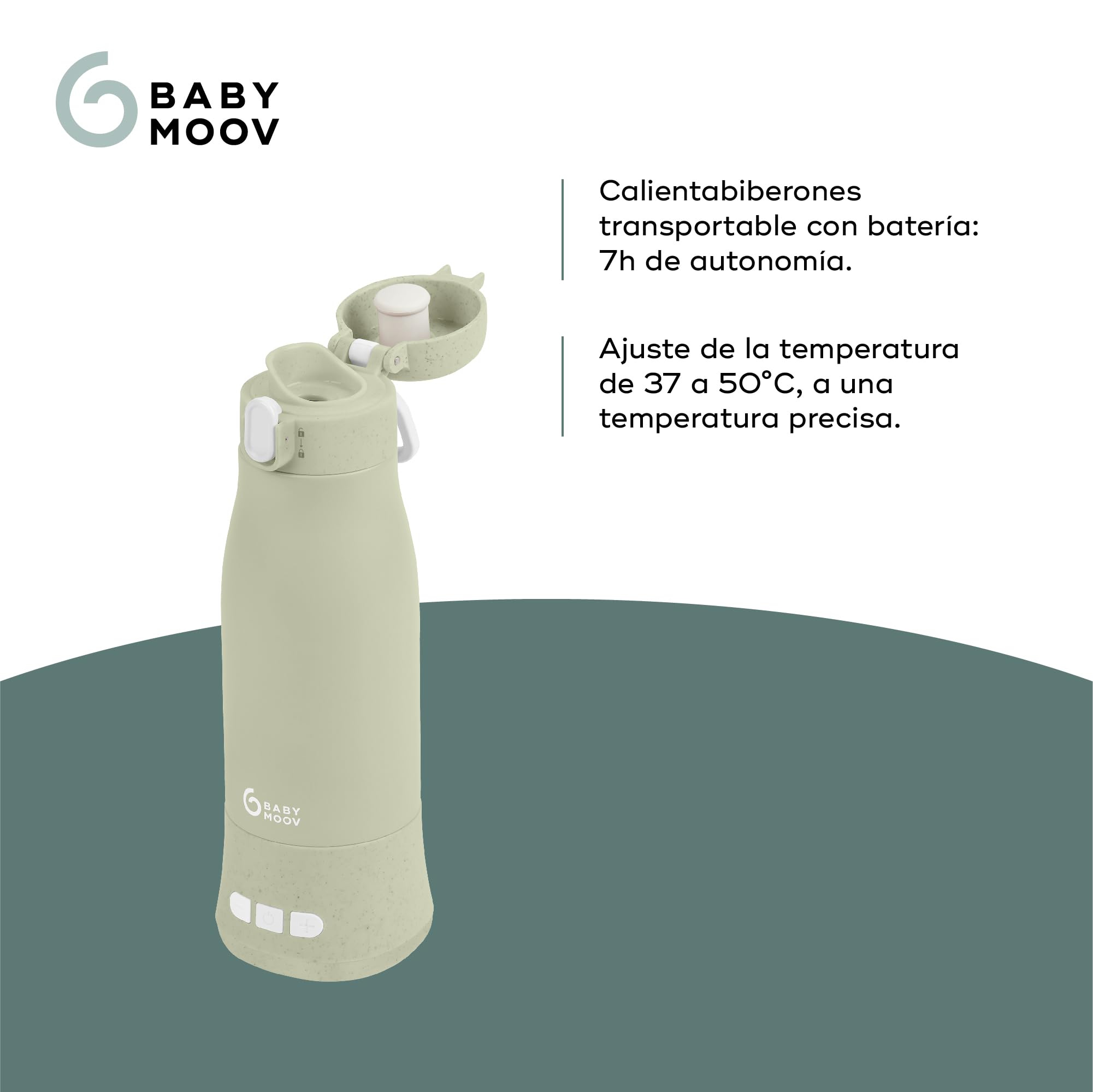Babymoov Calientabiberones transportable inalámbrico Moov&Feed, Capacidad 340 ml, Agua o leche materna, Temperatura regulable, Mantenimiento en caliente (hasta 7h), Recarga USB, Sage green