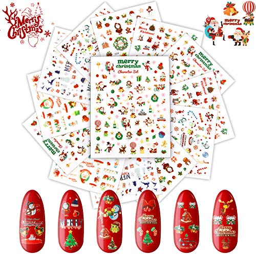 12 Sheets Christmas Nail Art Stickers Decals Xmas 3D Nail Self-Adhesive Stickers Santa Claus Reindeer Snowflakes Snowmen Christmas Bell Tree Nail Art Accessories Decals for Christmas Nail Decoration