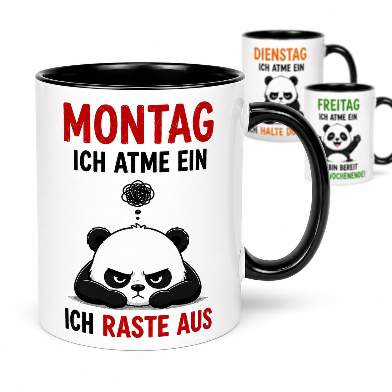 Lustige Tassen Set 5er – Büro Geschenk für Kollegen – Kaffeetassen mit Spruch Montag bis Freitag – Humor Kaffee Becher Set – Panda