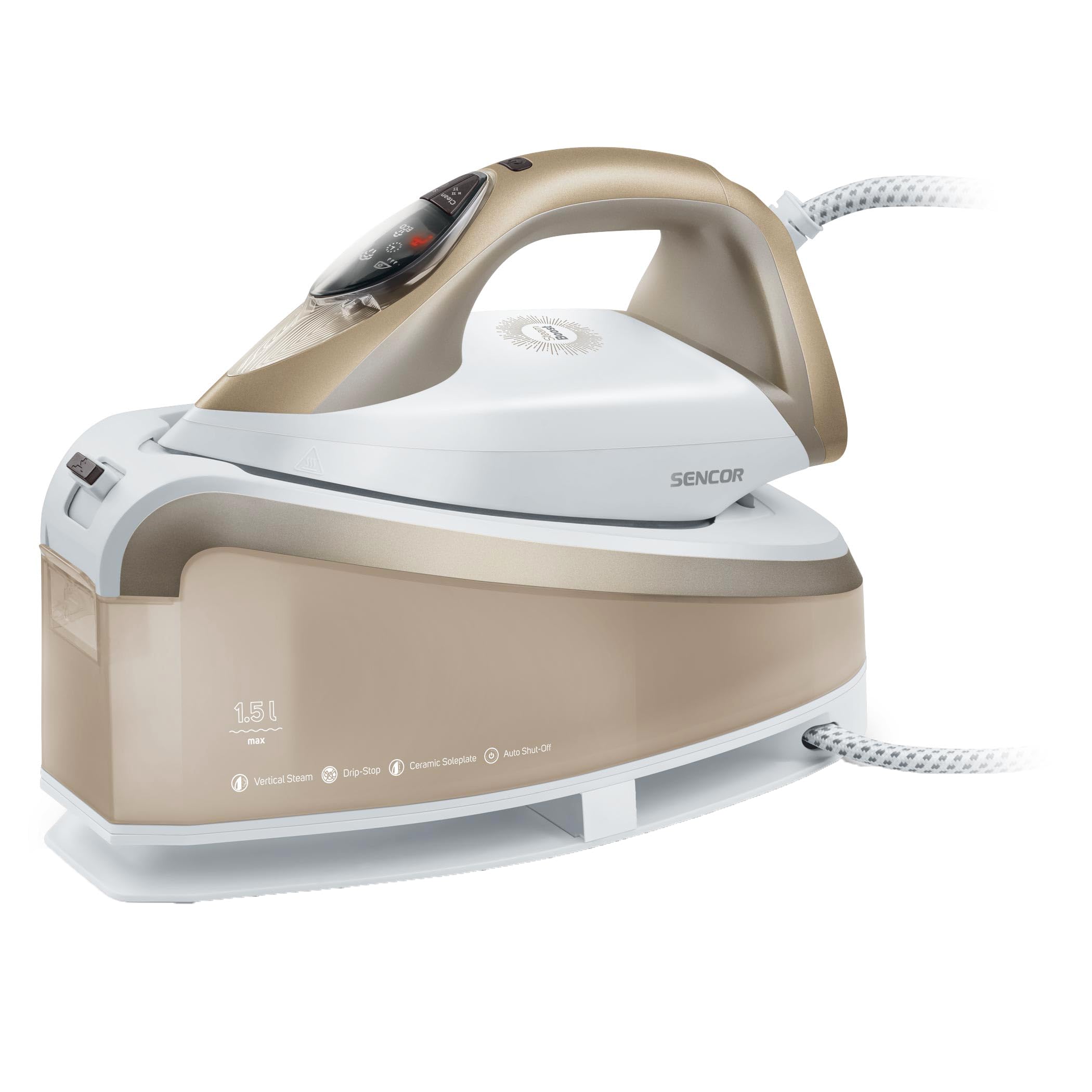 Sencor Ferro da Stiro a vapore con Caldaia, 2400W, Vapore 130 g/min, Colpo di Vapore 395 g/min, Serbatoio 1,5L, Piastra in Ceramica, Stiratura Verticale, Sistema Anticalcare, Funzione ECO, Anti-Goccia