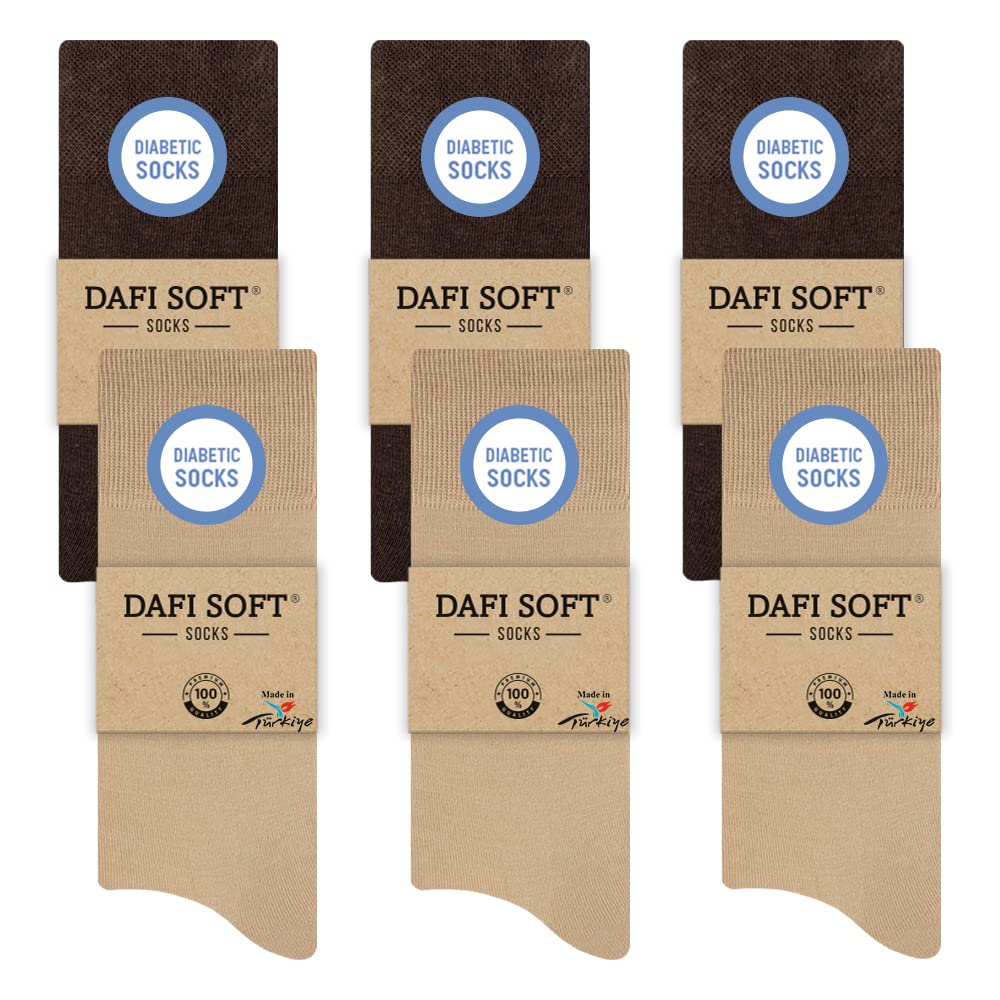 Dafi soft 6 Pairs Men's Diabetic Socks, Cotton, Stretchy, Made in Turkey (UK 9-12, 6x Brown/Beige)