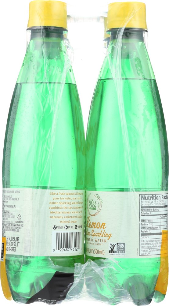 Whole Foods Market, Lemon Sparkling Mineral Water, 16.9 Fl Oz, 6 Count