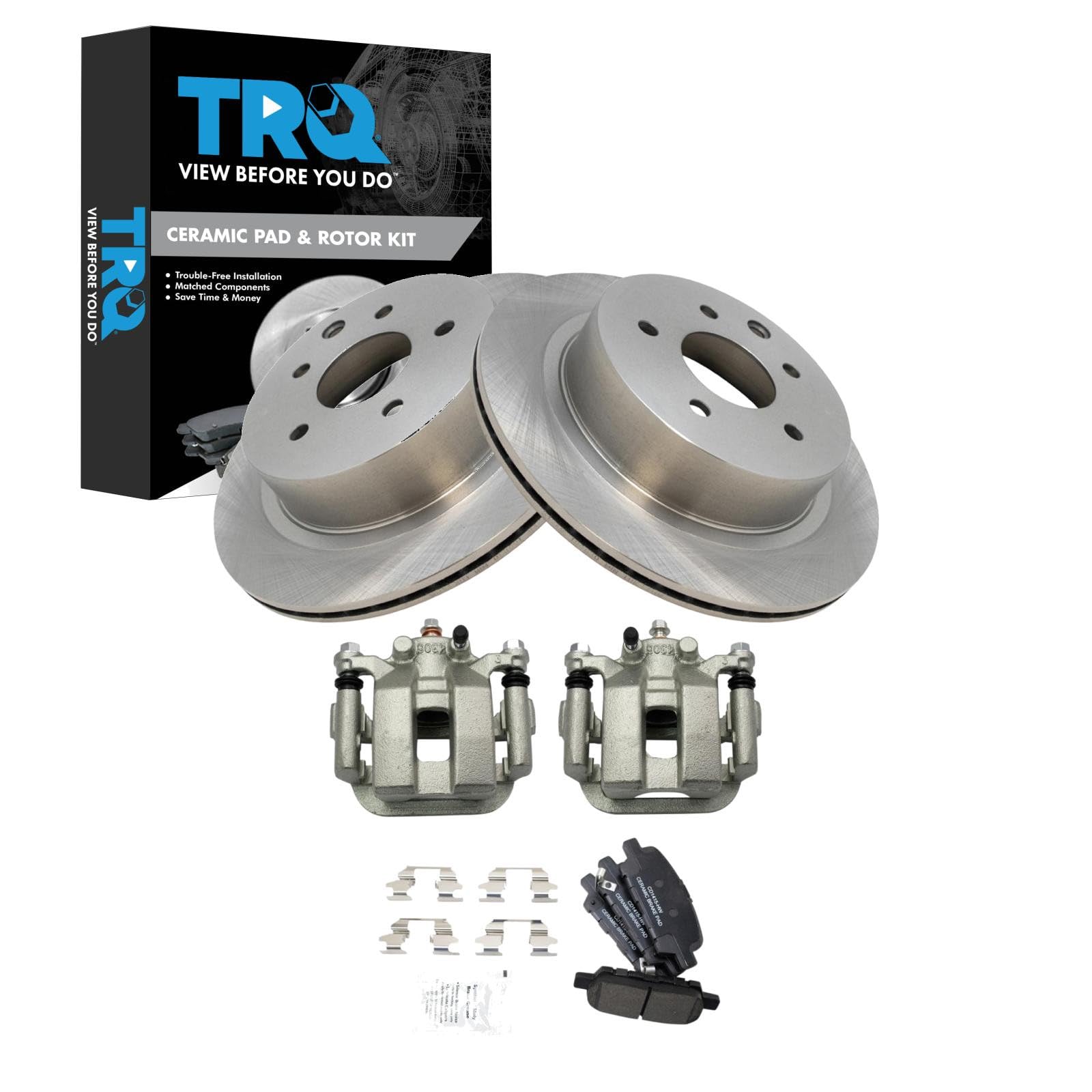 TRQ Rear Brake Pad and Rotor Set Ceramic Calipers Compatible with 2003-2005 Infiniti G35 350Z