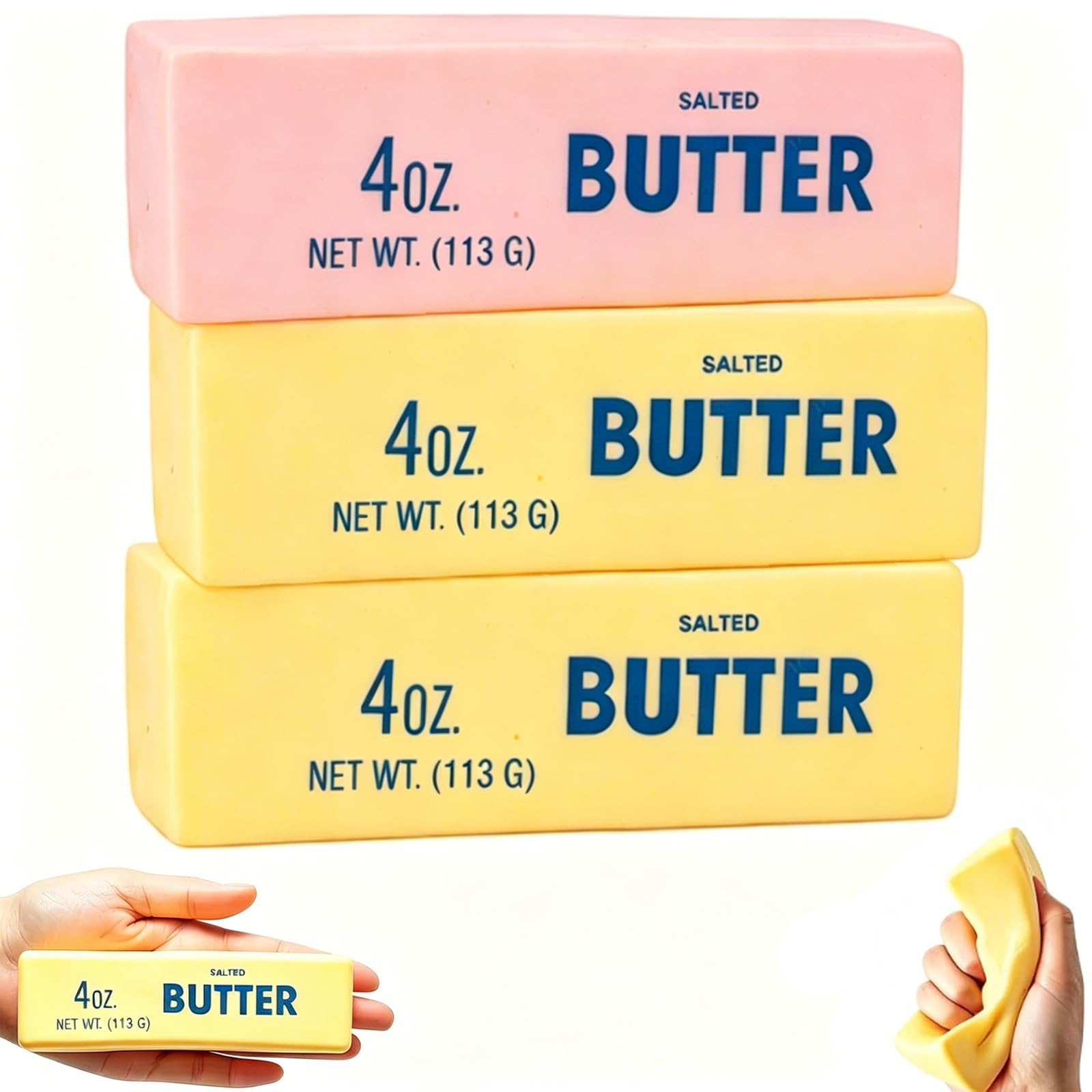 3Pcs Squishy Butter Stick, Butter Squishy Sensory Set, Desk Focus for Office Use, Three Piece Set with Yellow and Pink Butter Bars, Portable Soft Companion for Various Settings
