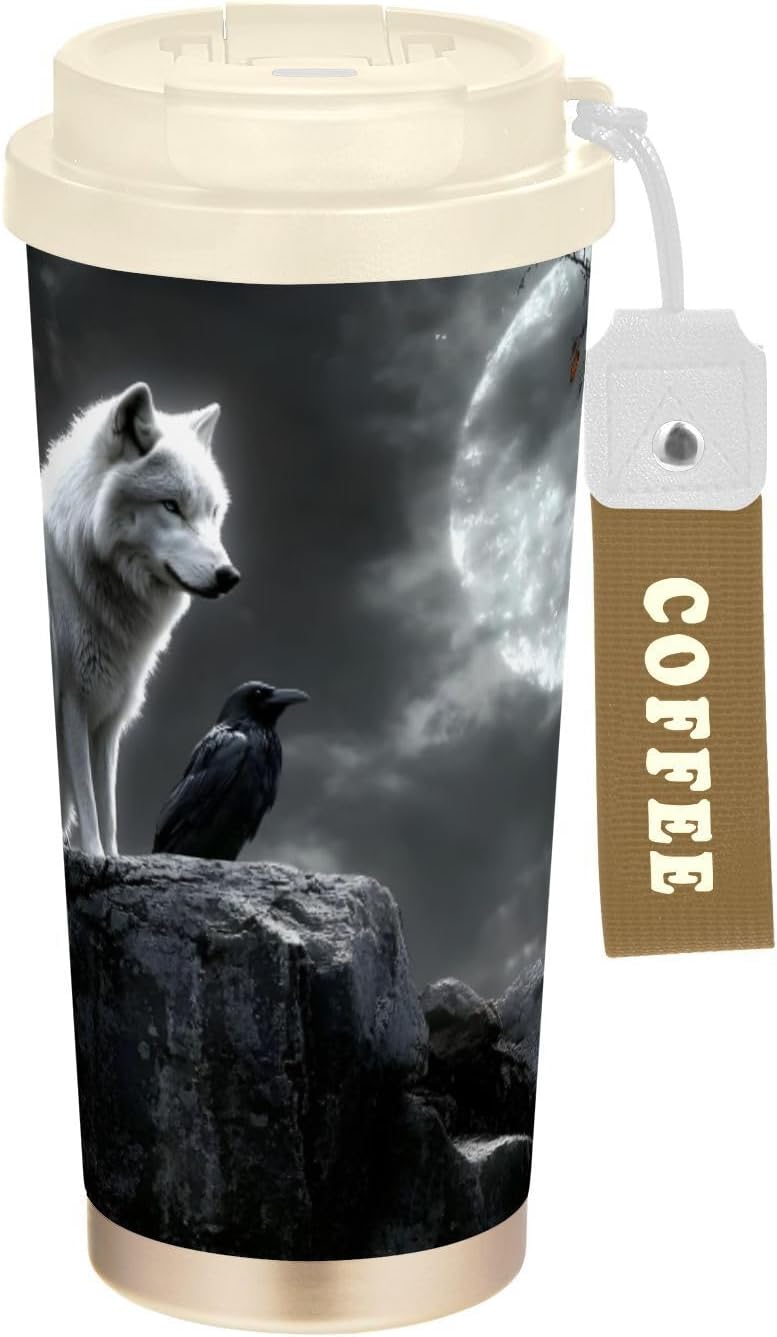 Insulated Coffee Mug Wolf Raven Moon Gothic with Straw & Flip Lid, 16.9oz Iced Tumbler Cup, Double Wall Vacuum Mug for Travel Office Camping