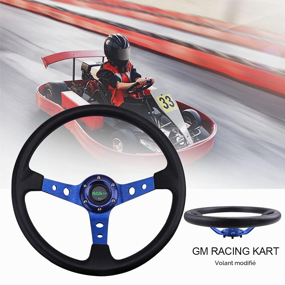 POHOVE Volant de course universel, 35,1 cm de profondeur 350 mm, 6 boulons, volant en alliage d'aluminium PU avec bouton klaxon, pour la plupart des véhicules