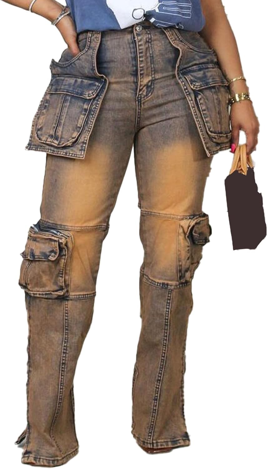Women's Cargo Jeans Y2K Stretch High Waisted Straight Leg Denim Jeans Pants with Multi Pockets Streetwear