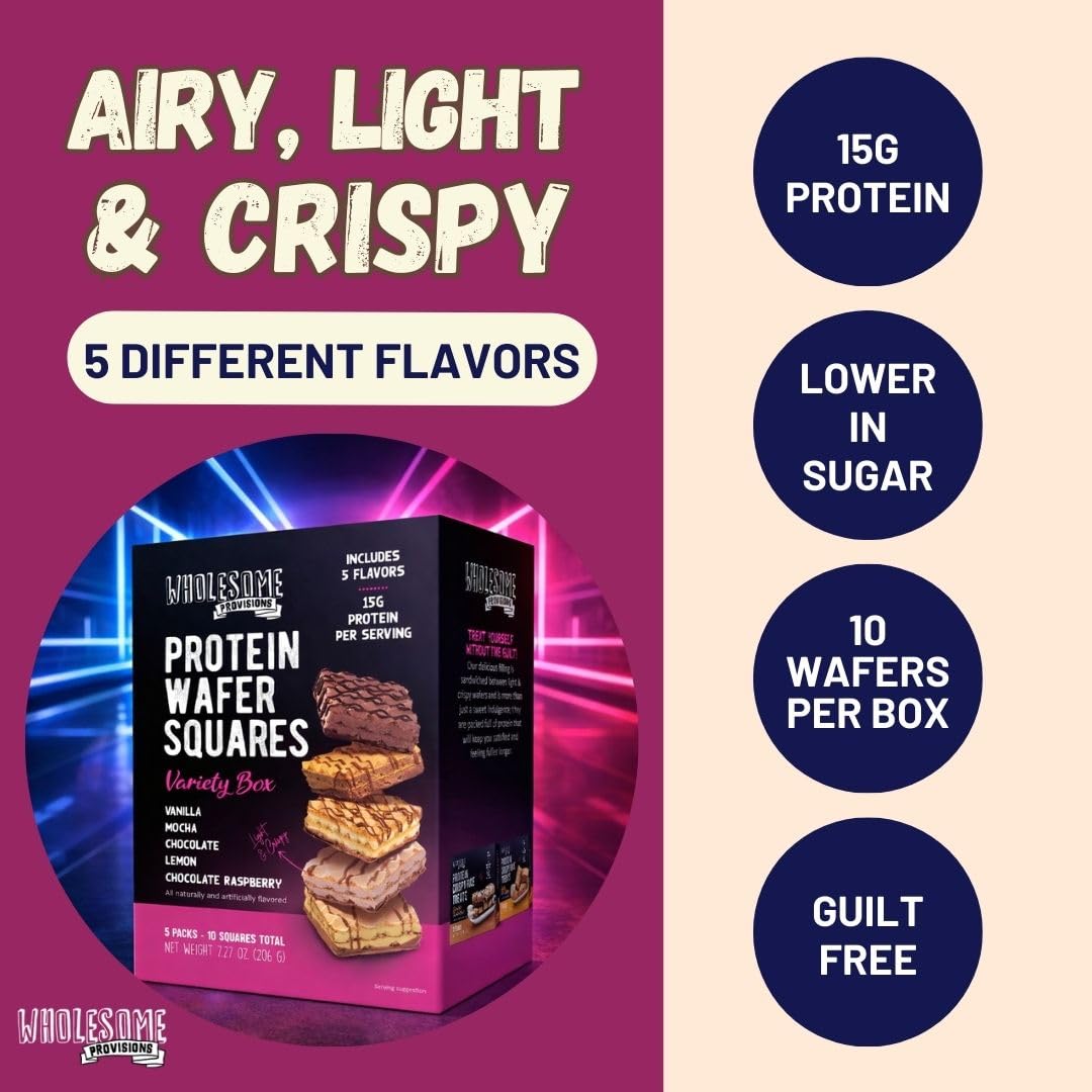Protein Wafer Squares, Value Variety Pack, 15g Protein, Low in Sugar, 10 Squares Total, Light and Crispy, Includes Vanilla, Mocha, Chocolate, Lemon, Chocolate Raspberry (Variety, 4 Pack)