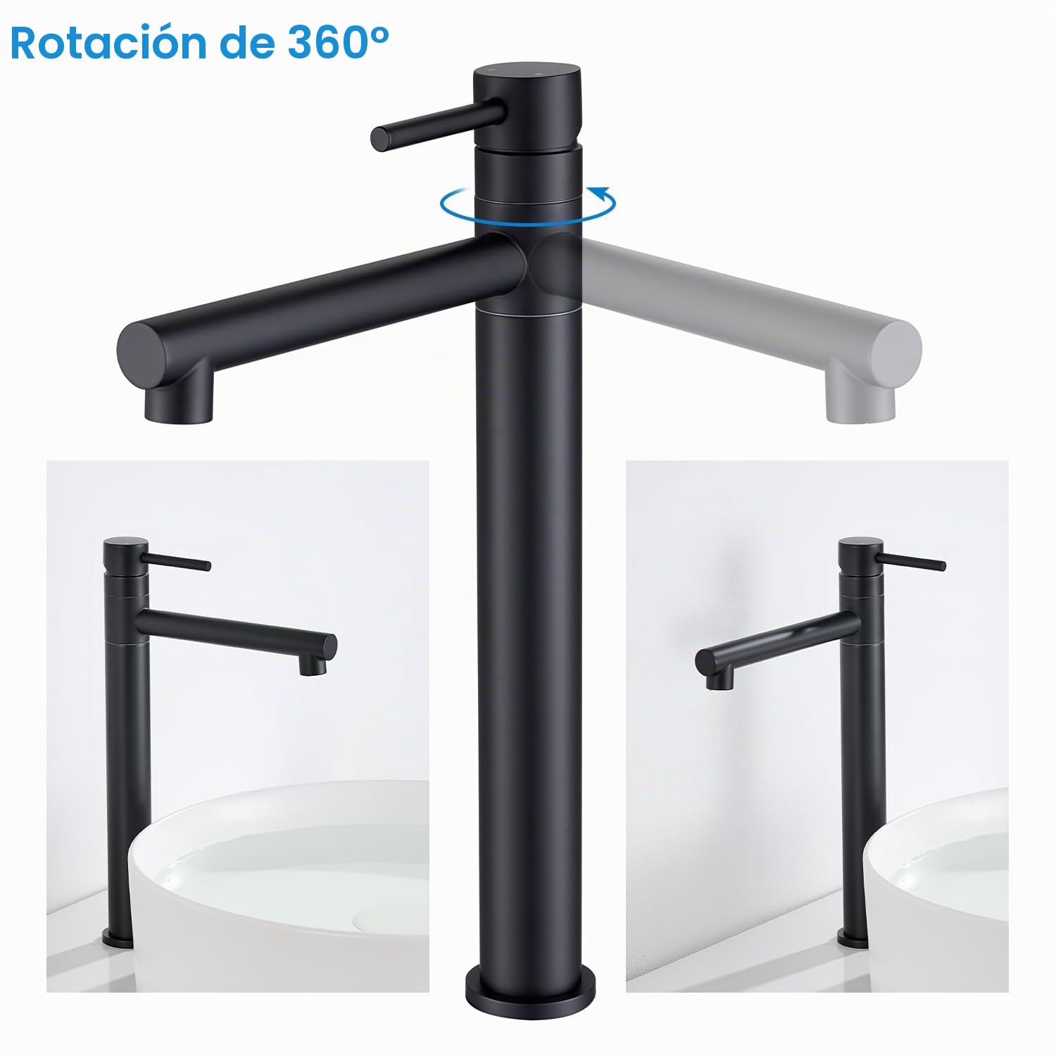 Grifo de lavabo alto, grifo de baño negro mate para lavamanos sobre encimera, grifo giratorio 360° para baño, mezclador para agua fría y caliente, altura de salida 237 mm
