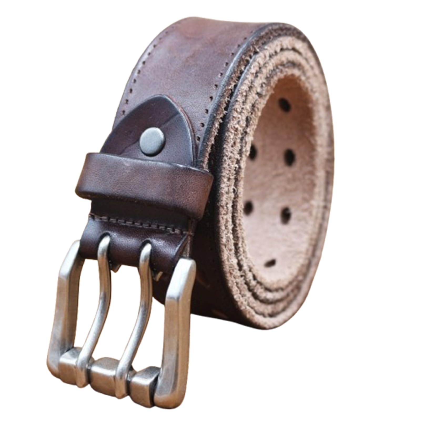 AGUTALITHIC Men's Work Belt, Heavy Duty Full Grain Leather Vintage Distressed Double Prong Roller Buckle,2 Holes Waist Strap(105cm/41, Coffee)