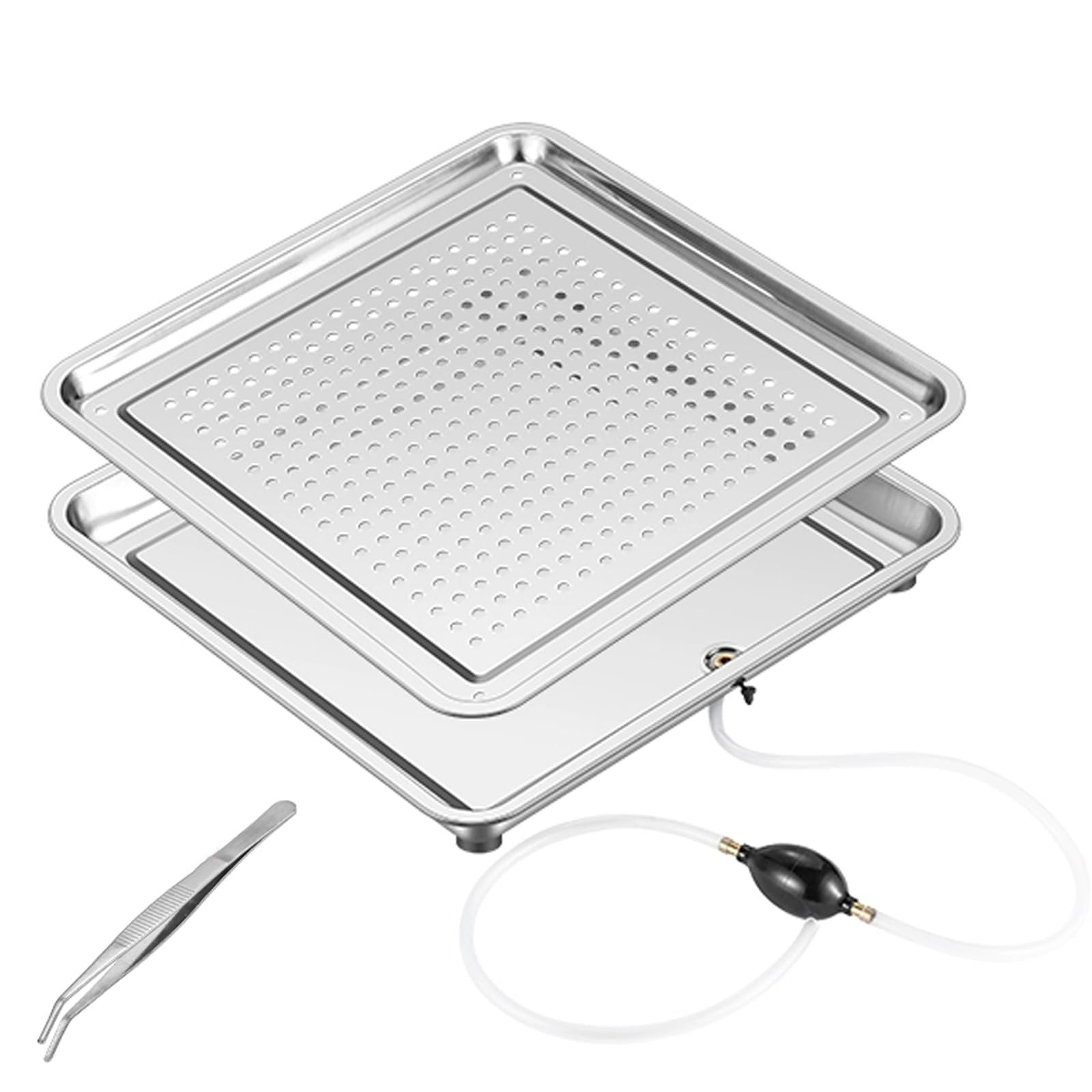 Bac de récupération et Plateau de Rangement Polyvalent en Acier Inoxydable Double Couche 50 x 50 cm avec Pince - Idéal pour Le thé, Le café et Les Desserts - Accessoire Parfait pour la cuisi