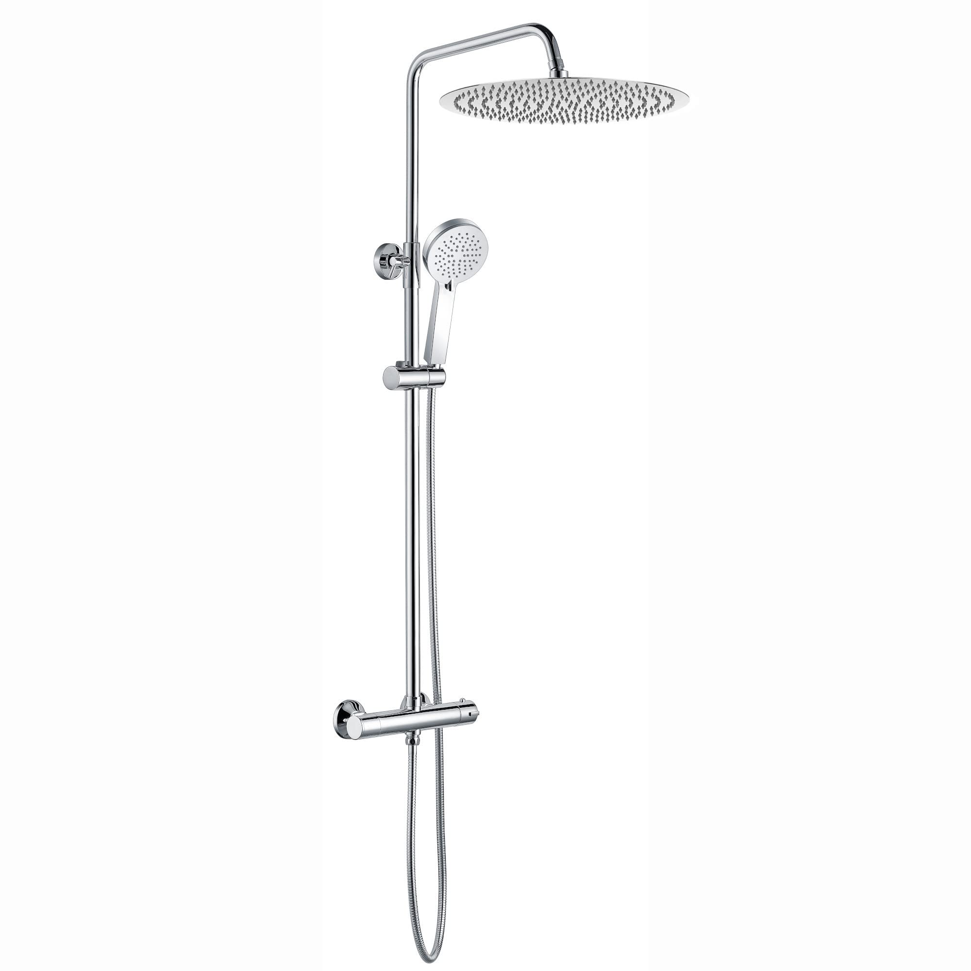 Enki Dune Chrome Modern Bathroom Brass Thermostatic Valve 2-Outlet Shower Set W/ Riser Rail Handset & Fixed Head (Diam) 400mm from B&Q