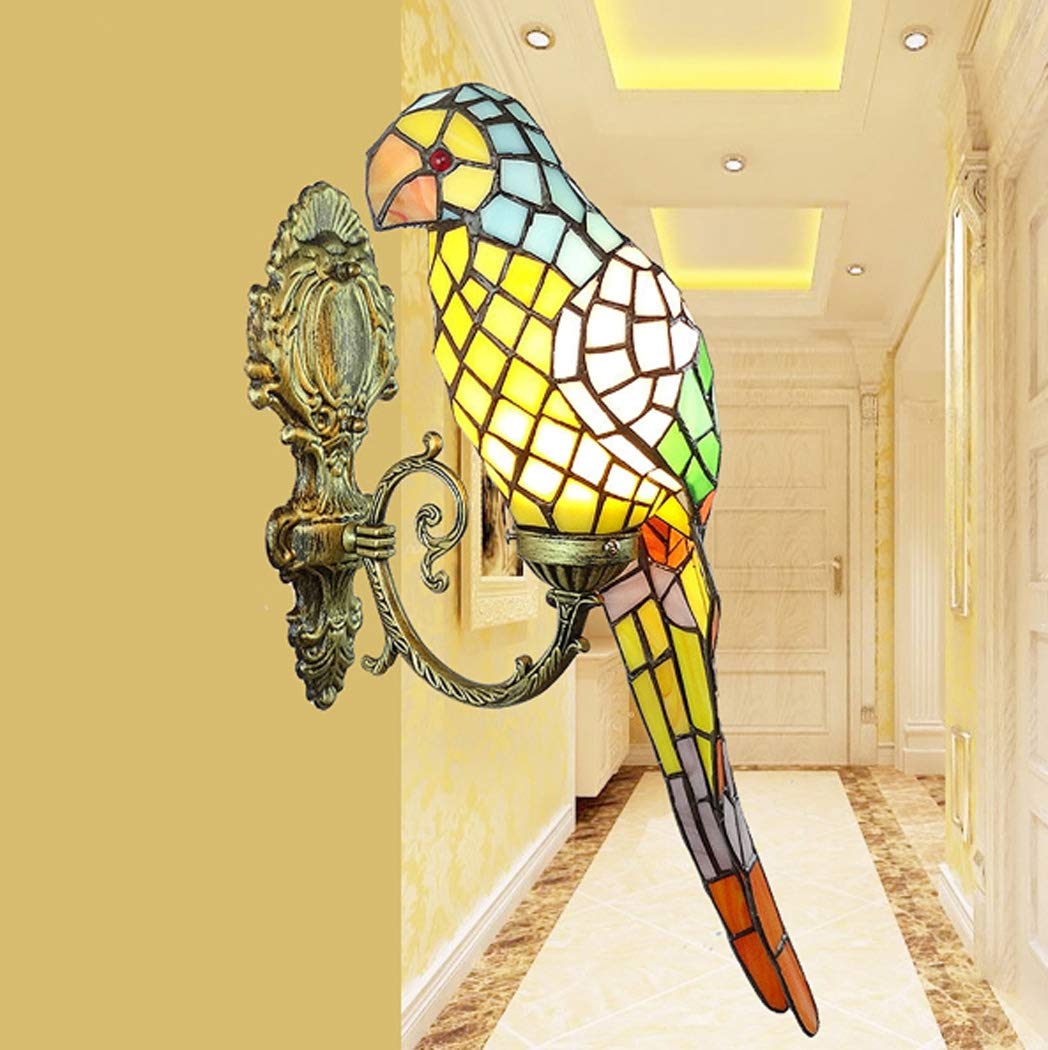 Applique murale style Tiffany avec vitraux de Parrot Design en finition bronze antique - Lampe murale avec perroquets rouges et verts pour décoration de la maison, B