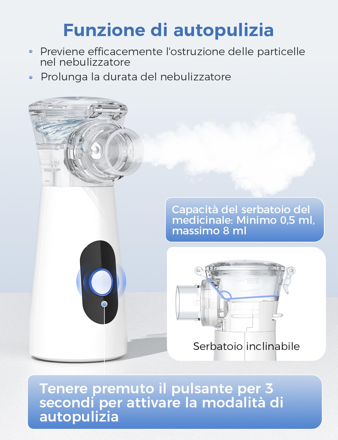 YOHOOLYO Aerosol Portatile Silenzioso Nebulizzatore 26dB, 2 Modalità, Ricarica USB-C con Autopulizia, Include 2 Maschere e Boccaglio per Adulti e Bambini, Leggero, per Viaggi e Uso Domestico