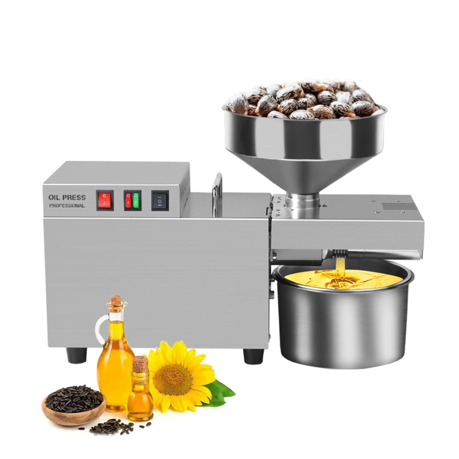 Aceitera Eléctrica, Prensa de Aceite para Oliva, Acero Inoxidable 304, Rendimiento de Aceite 85%, para Uso Doméstico y Profesional, para Aceite de Cacahuetes y Girasol
