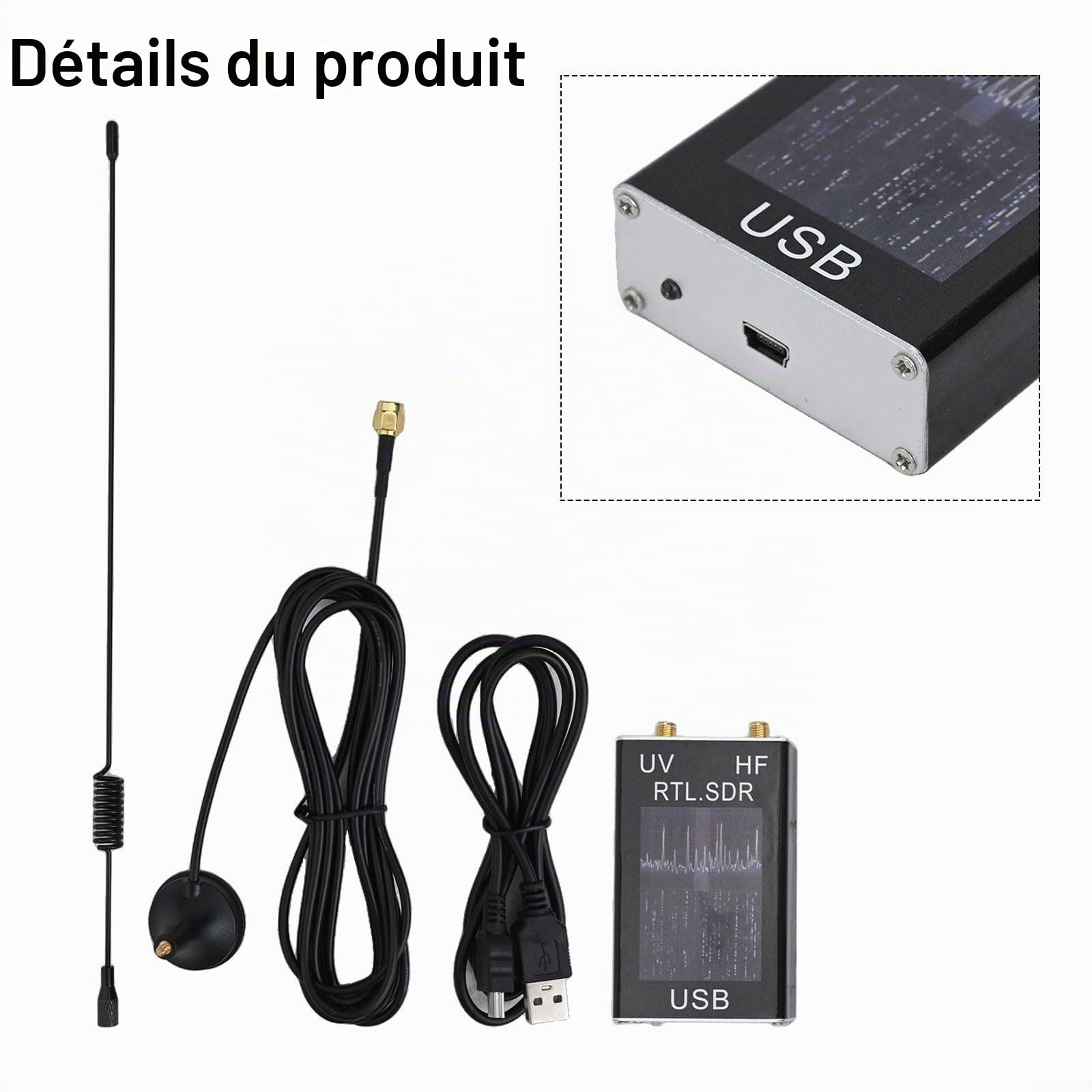 Récepteur tuner USB RTL-SDR 100 kHz 1,7 GHz avec RTL2832U+R820T2, boîtier en aluminium, prend en charge les ondes courtes, VHF/UHF, AM, NFM, FM, SSB, CW avec câble USB et antenne test, argenté