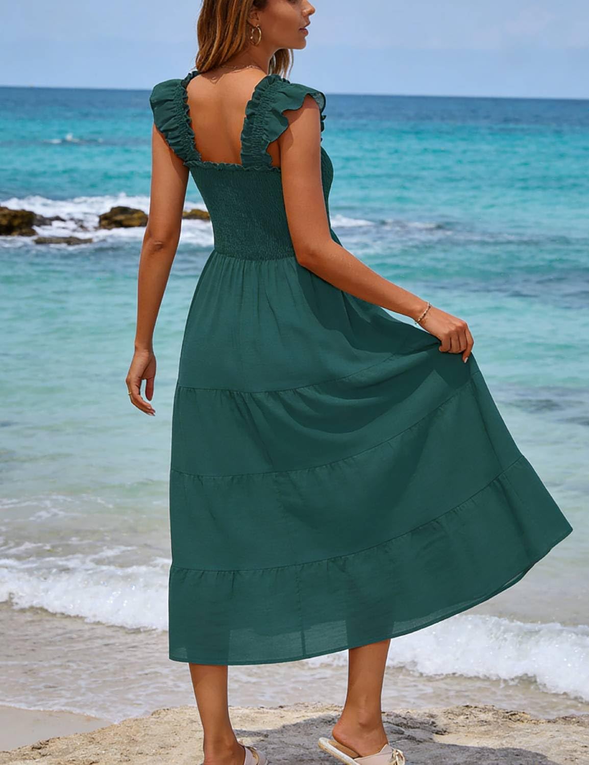 ROYLAMP Women's Summer Ruffled Strap Dress Square Neck Smocked High Waist Tiered A Line Flowy Sun Midi Dresses - Image 5