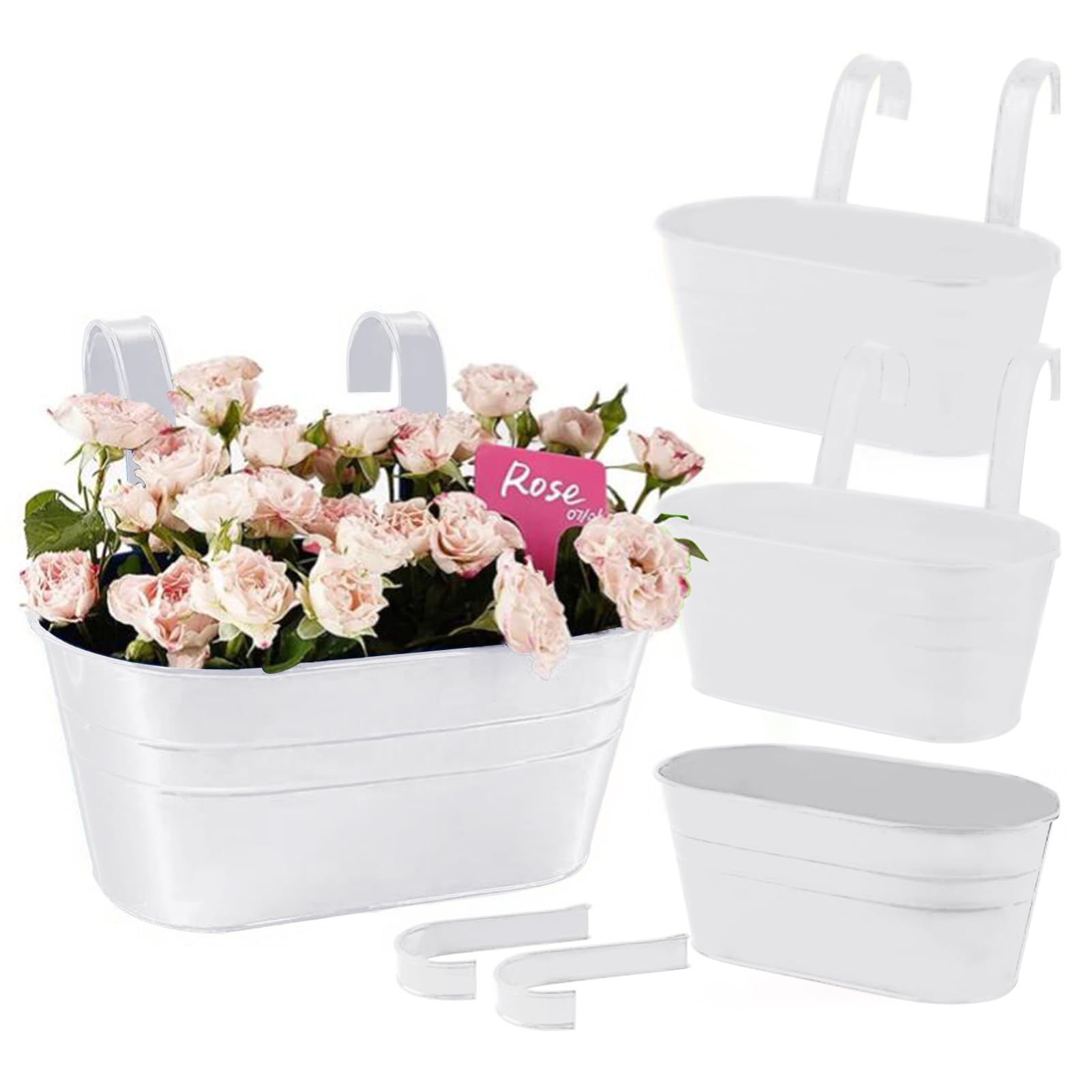CITÉTOILE 4 Pièces Pots de Fleurs Suspendus en Métal,Pots Suspendus Balcon avec Trou de Drainage, Pots Suspendus Blancs avec Crochet Amovible pour Balcon, Clôture, Jardin, Mur,Maison Décor