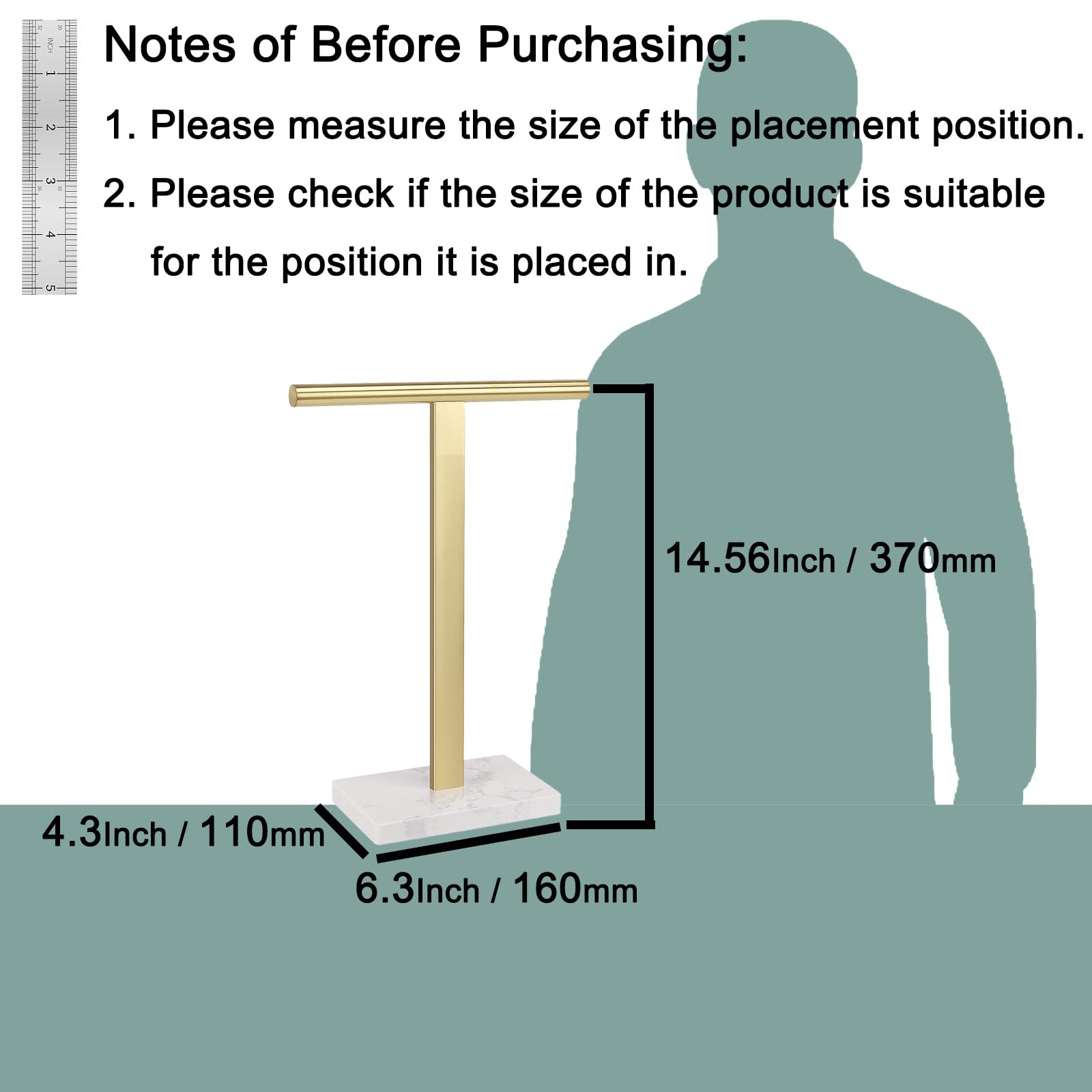 Soporte para toallas de mano, soporte para toallas de mano en forma de T para baño, toallero de mano para encimera de cocina, acero inoxidable 304 (base de mármol, dorado)
