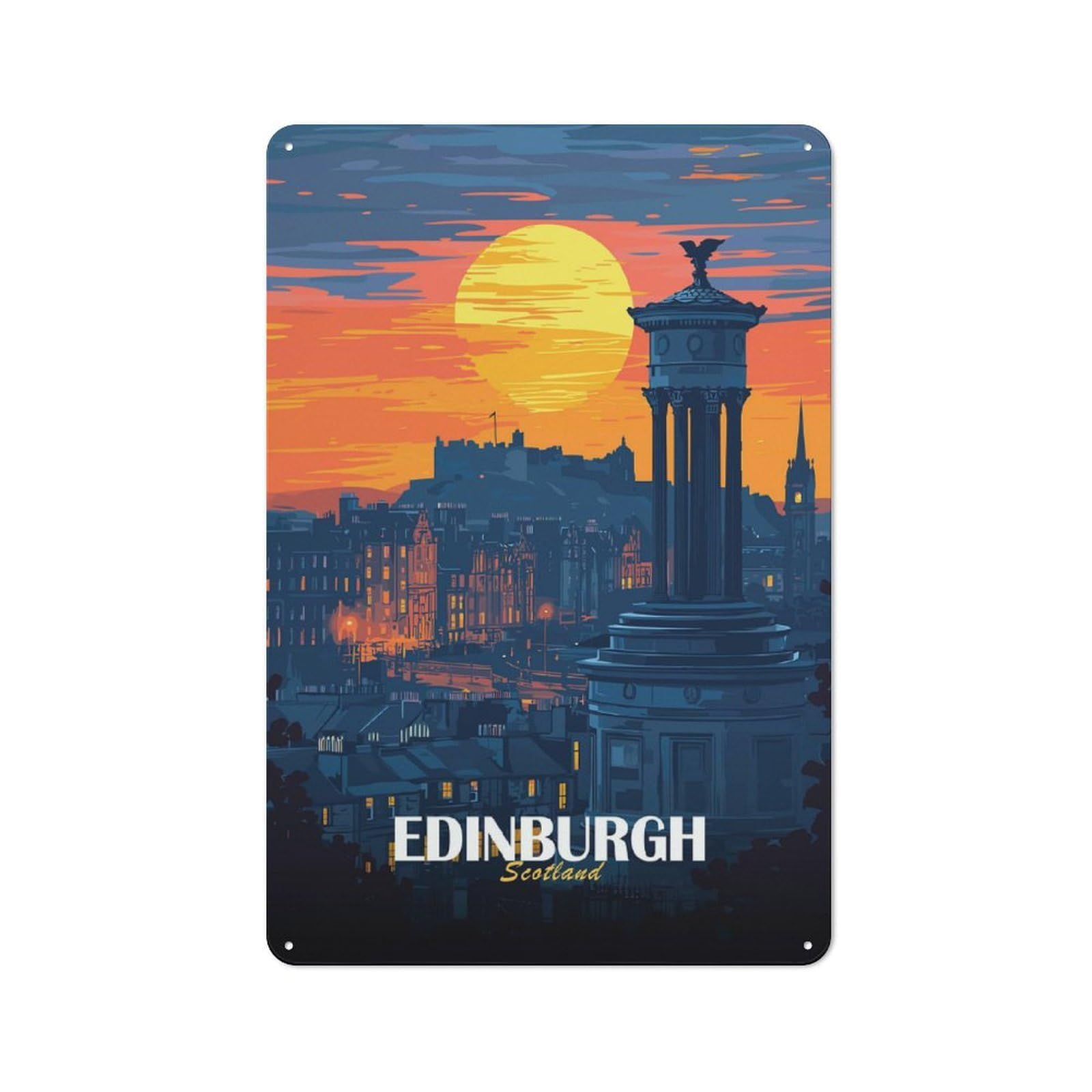 Junmoney Style-20 For Garden Room Or Summerhouse, Edinburgh Scotland Cityscape At Sunset Retro Metal Sign 30X20cm, For Vintage Wall Decor Fans, For Metal Sign Collectors