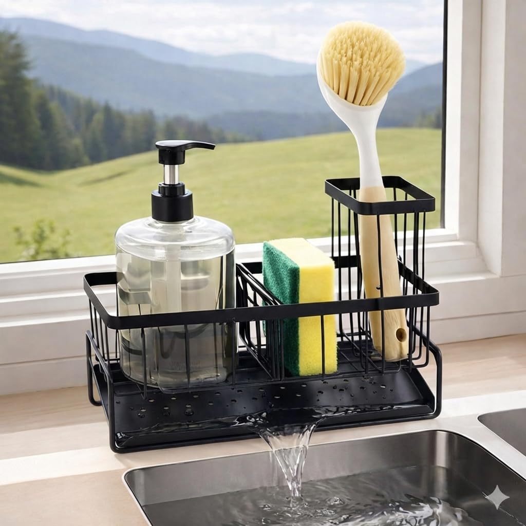 sponge holder Kitchen Sink Caddy Organizer Rustproof Sponge Holder with Drip Tray for Soap Dispenser Brushes Sponges Countertop