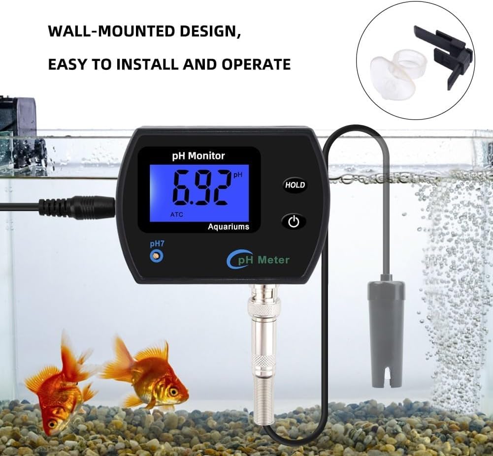Aquarium pH Wert Messgerät, PH-990 Tragbares pH-Meter, pH Messgerät Wandmontage Wasseranalysator, Wasserqualitätsmonitor Tester LCD-Display BNC-Schnittstellensonde für Aquarien, Hydrokultur