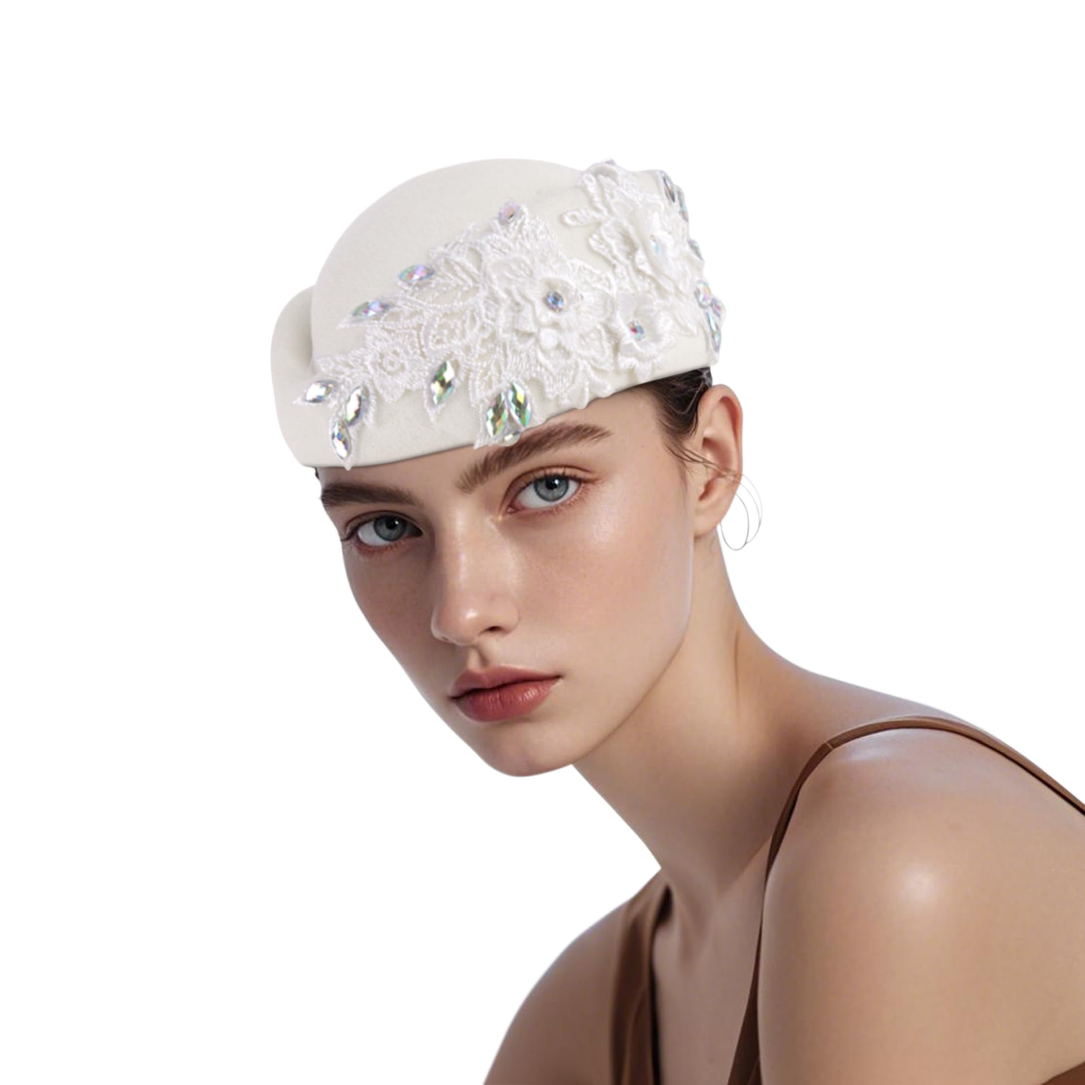 European and American retro British felt headscarf hat women's church derby headdress with floral women's soft beret (White)
