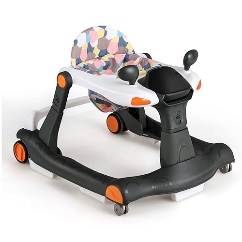 HONEY JOY Caminador de bebé juguete plegable de aprendizaje con ruedas altura ajustable asiento acolchado de respaldo alto música luces espejos