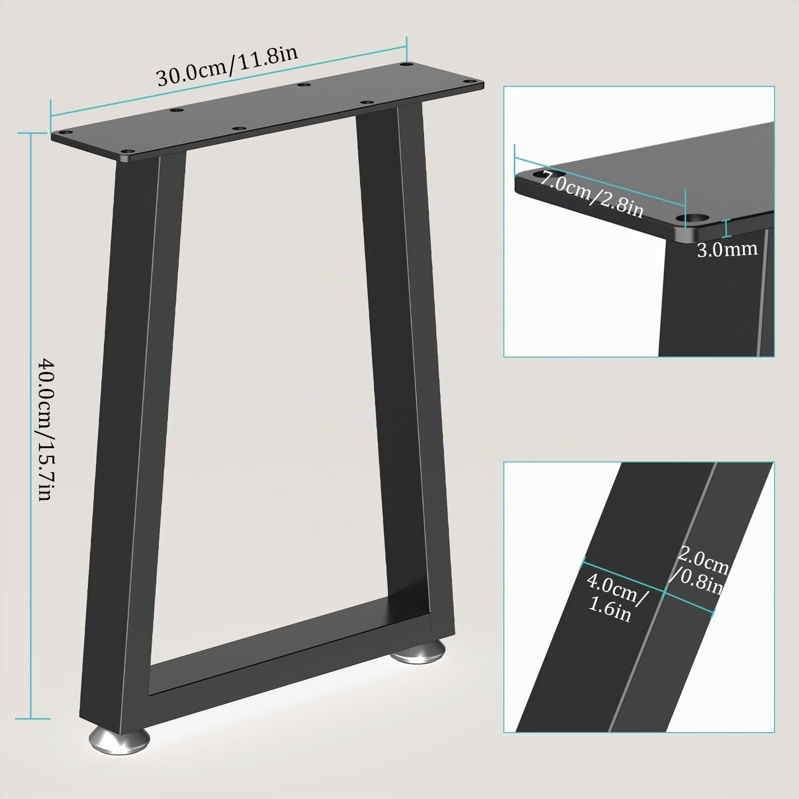 Gambe per Mobili a Forma di T in Metallo,40x30x7cm,2 Pezzi,Nero | Piedi per Tavolo con Fori Preforati,Gambe per Scrivania con Cuscinetto Regolabile,Antiscivolante Silenziosa Gamba da Sgabello