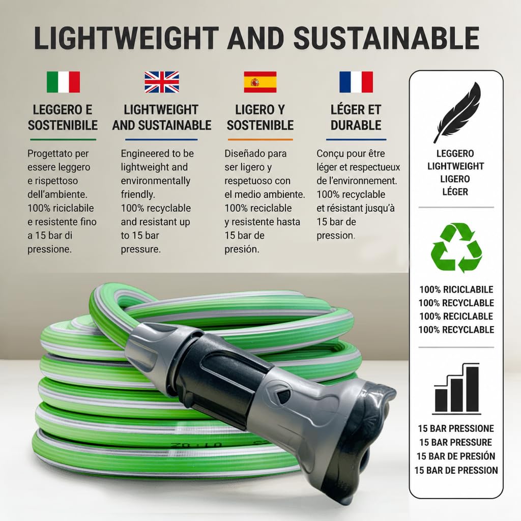 Idroeasy, manguera de jardín extensible de 30 metros, 5/8" de diámetro, manguera de riego extensible de 3 vías, resistente a nudos y torsiones, no tóxica, ligera, ahorra espacio, Made In Italy