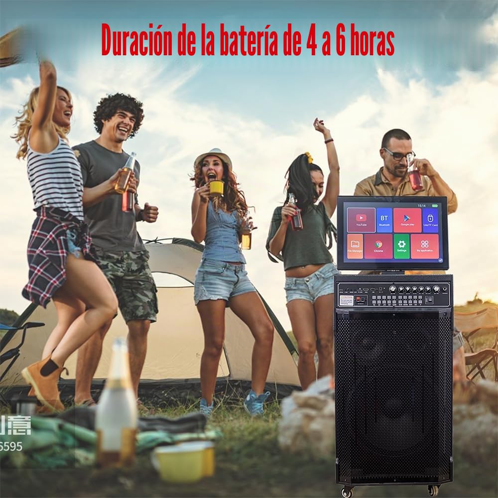 Máquina de Karaoke de 14.4" con Pantalla táctil | Sistema de PA portátil con 2 micrófonos inalámbricos | Altavoz WiFi Bluetooth para Fiesta al Aire Libre en casa |Sistema Android 40-400W