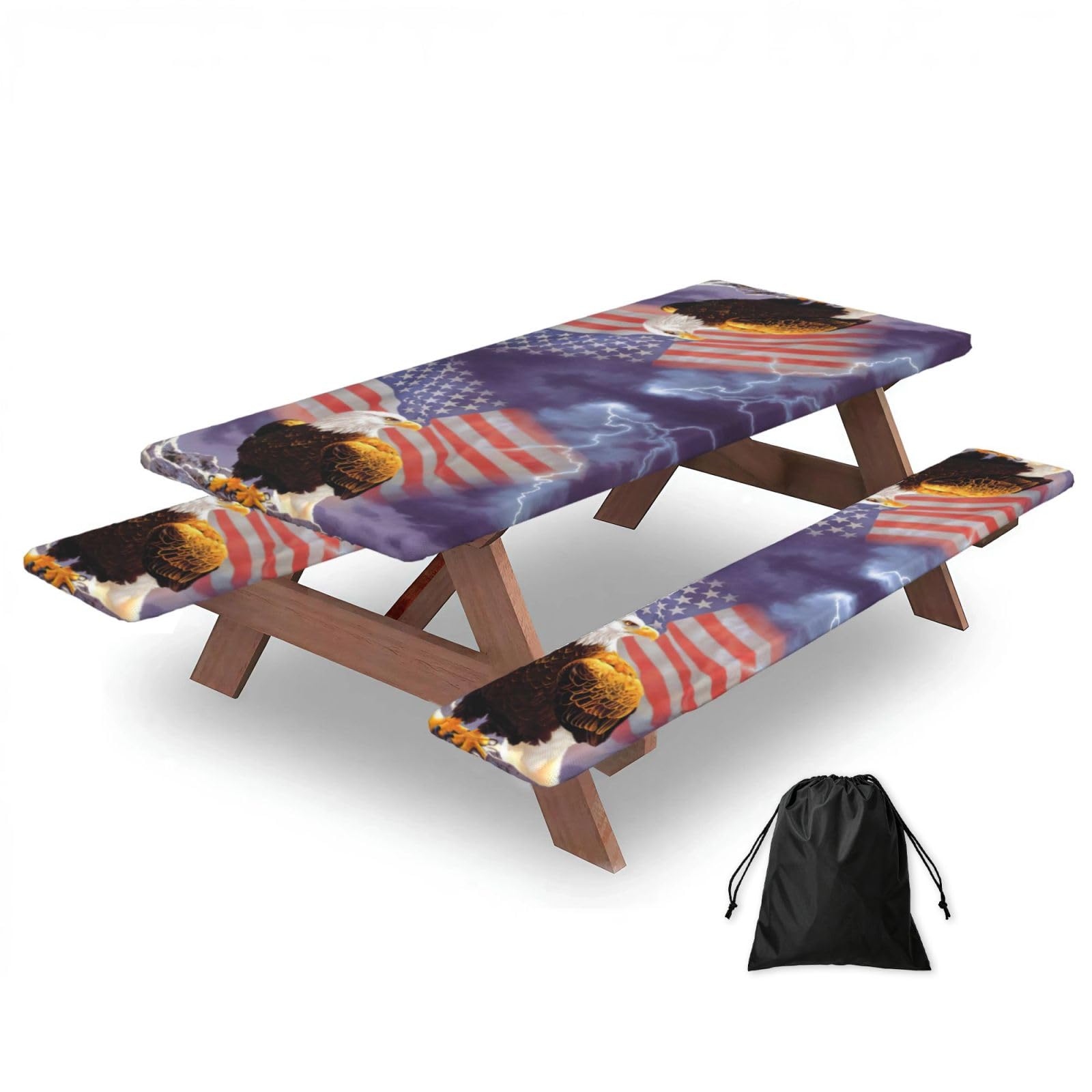 Zyjhyy Black Eagle With Usa Flag Print 3 Pack Wipeable Picnic Bench Cover And Table Cover Lightweight Table Cloth For Camping Outdoor