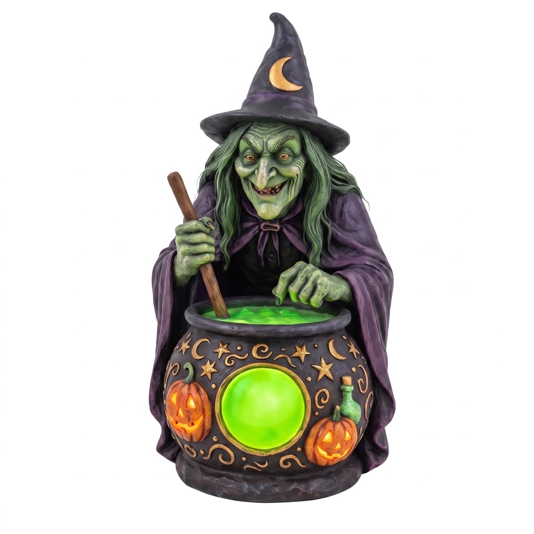 Fertnouk Halloween Lamp, Halloween Witch Lamp with Cauldron, Dual-Function Resin Decor & Table, Black