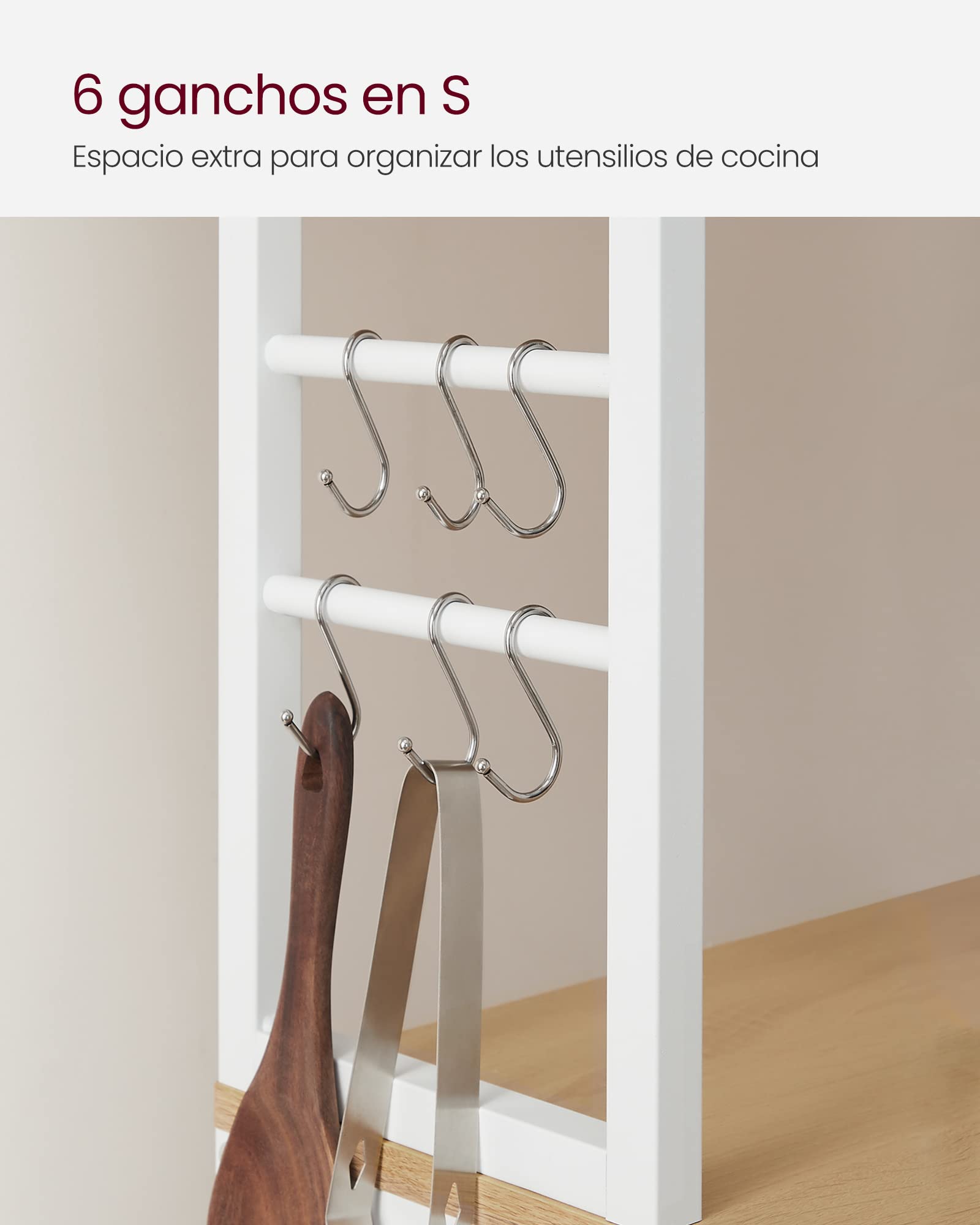 VASAGLE Estantería de Cocina, Estantería de Panadería, 6 Estantes y 6 Ganchos, para Microondas, Marco de Acero, Rústica, 40 x 60 x 167 cm, Roble Dorado y Blanco Nube KKS024W09