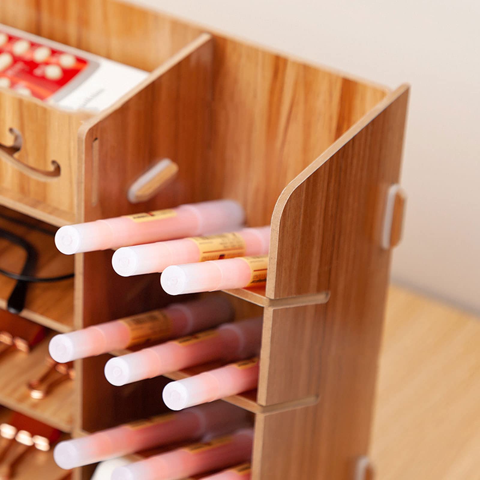 Portapenne Multifunzionale Portaoggetti da Tavolo Fisso con Cassetto, Multifunzionale Grande Organizer con Cassetto per Cancelleria, Ufficio, Casa e Scuola,Oak