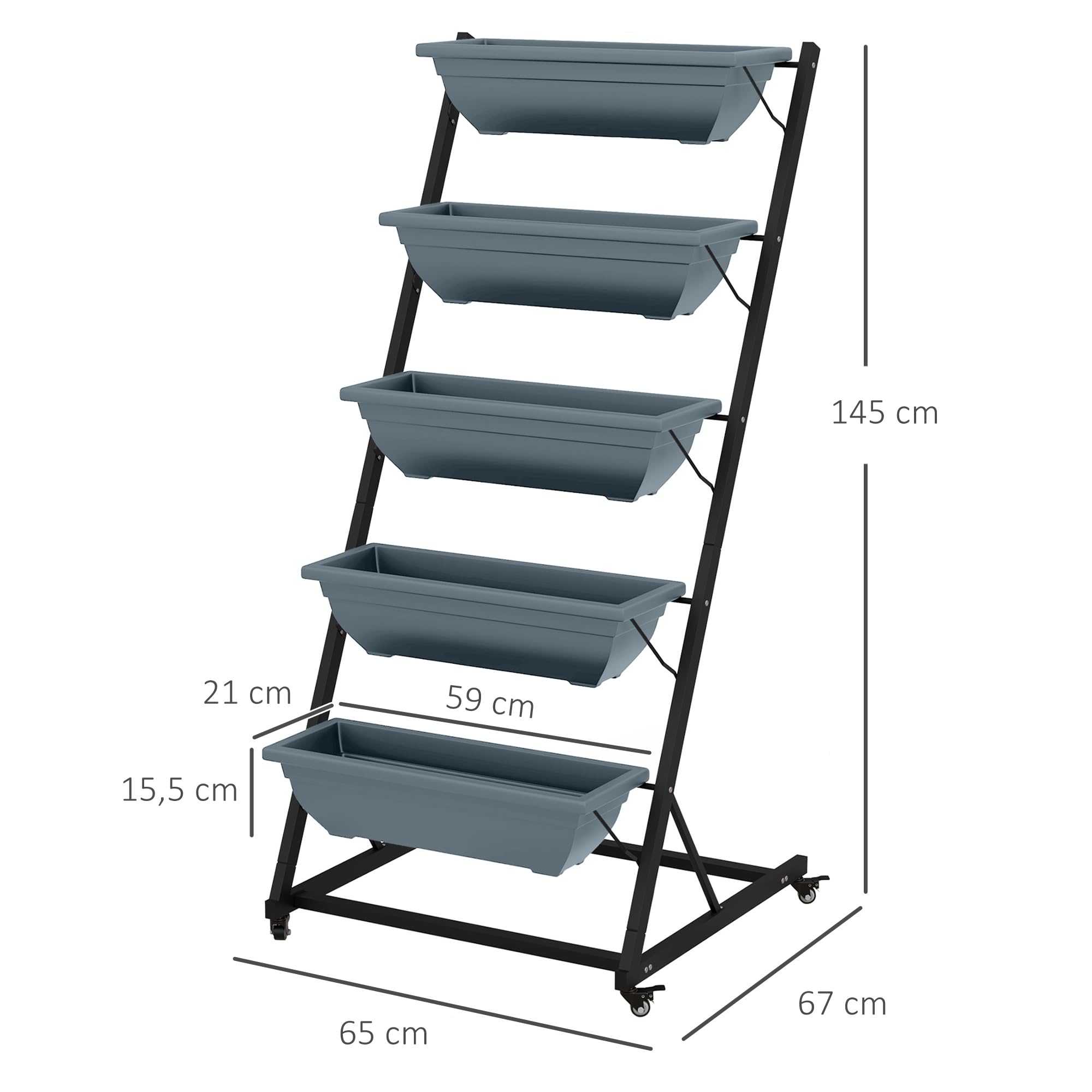 Outsunny 5-Etagen Pflanzenständer, 145 cm hoch Blumenständer mit Rollen Töpfe, Pflanzenregal aus Stahl, mehrstöckig Blumenregal, Blumentreppe Blumentopfständer für Garten Balkon, Grau
