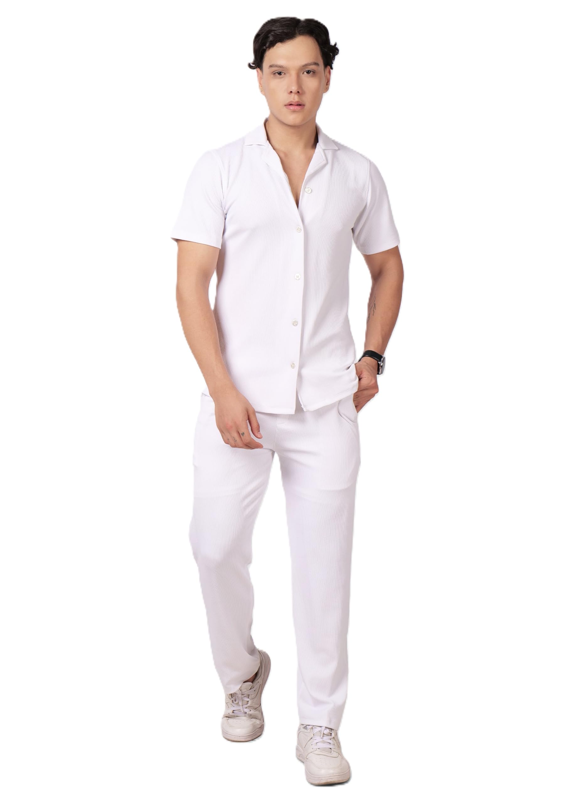 loom fashion Men's Co-ord Set, Relaxed Fit Casual Shirt and Trouser Set, Summer Wear for Men, Soft Mario (White)-picture-37