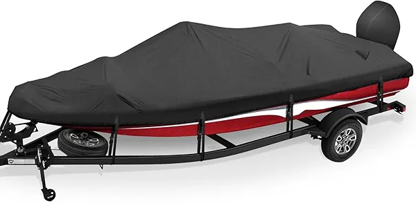 YimSting Boat Cover, 900D Waterproof Bass Boat Cover Fits 14'-16' ft, V-Hull Boats, Heavy Duty Bass Tracker Boat Covers 14-16 ft L, 68" Beam Width, with Motor Cover, Black