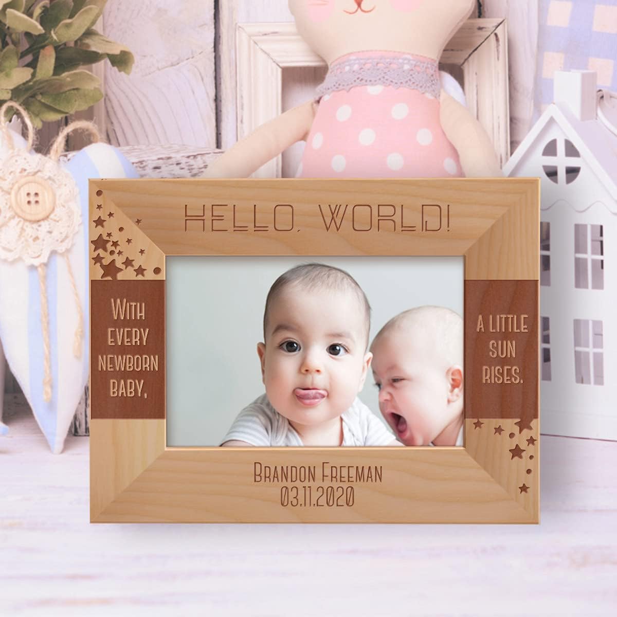 With Every Newborn Baby A Little Sun Rises Personalized Wooden Frame 5" x 7" Brown (Vertical)