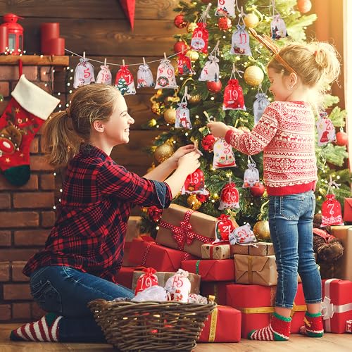 DazSpirit Adventskalender zum Befüllen 2025, DIY Säckchen, 24 Groß Stoffbeutel, Adventskalender Selber Befüllen für Kinder & Erwachsene, Säckchen mit Holzklammern und Hanfseil