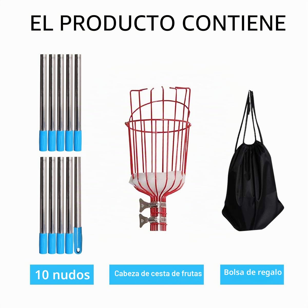 Recogedor de fruta Palo Para Recoger Frutas con 4M Poste de extensión Recogefrutas Pinzas extensibles para jardinería con Cesta picadora de Frutas con Barra telescópica de Aluminio Ligero Y bolsa