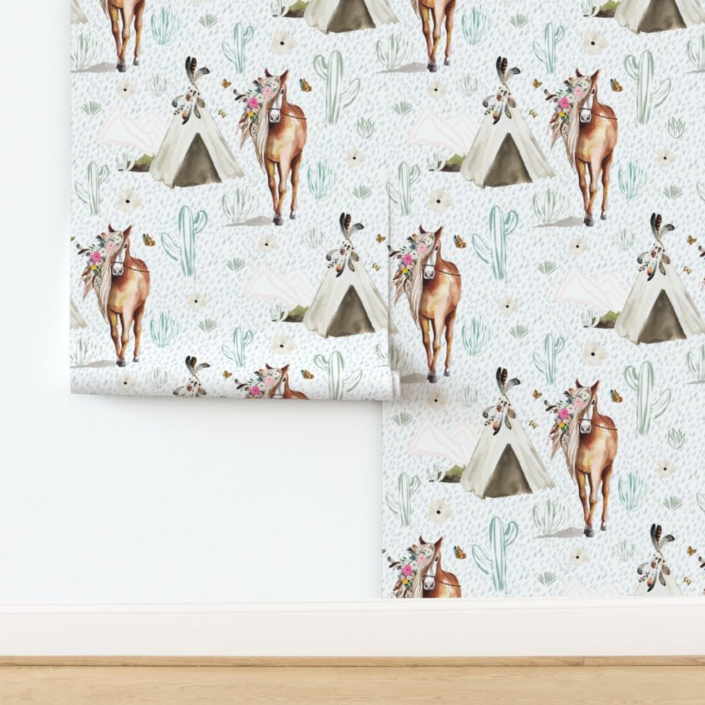 Peel & Stick Wallpaper 3ft x 2ft - Spring Boho Floral Horse Rain Feathers Western Palomino Custom Removable Wallpaper by Spoonflower