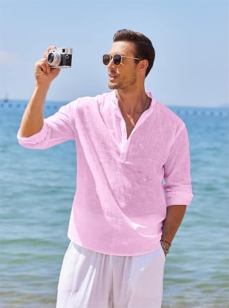 COOFANDY Mens Shirt Long Sleeve Henley Shirt Linen Shirts Cotton Casual Regular Fit Summer Shirts