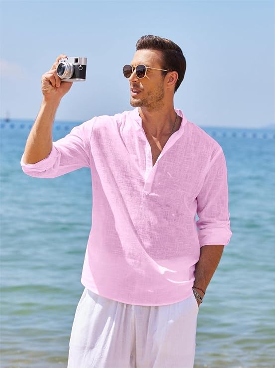 COOFANDY Mens Shirt Long Sleeve Henley Shirt Linen Shirts Cotton Casual Regular Fit Summer Shirts