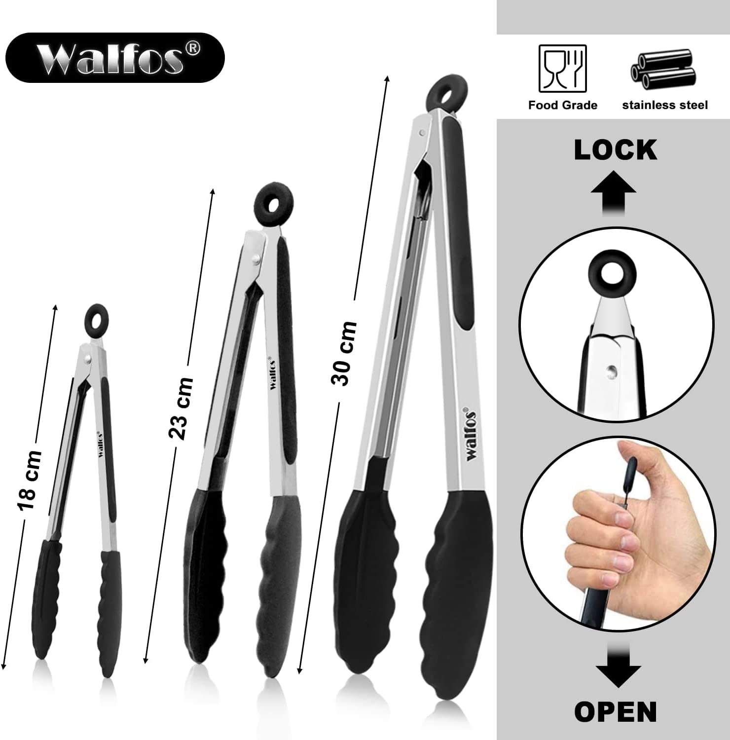Walfos Set de 4 pinces de cuisine résistantes à la chaleur - Poignée en acier inoxydable et embouts en silicone antiadhésif, brosse en silicone de 21 cm - Pour la cuisine, le buffet,18, 23, 30,5 cm