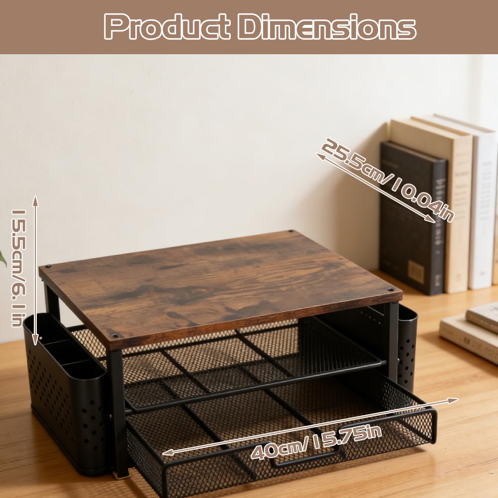 Supporto da scrivania per monitor, organizer da scrivania con 2 portapenne, cassetto, supporto ergonomico da tavolo, accessori da ufficio per schermo e laptop
