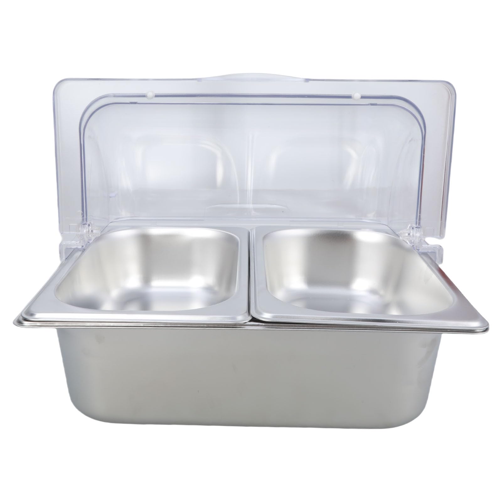 YWLUUOO Stainless Steel Serving Tray Clear Lid Dustproof 2 Compartment Food Display Pan Condiment Dispenser with Dividers Stainless Steel Buffet Condiment Dispenser
